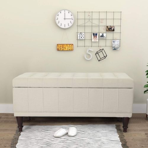  Adeco OF0043 Faux Linen Sturdy Design Rectangular Tufted Lift Top Storage Bench Footstool with Solid Wood Legs Ottomans & Storage Ottomans White