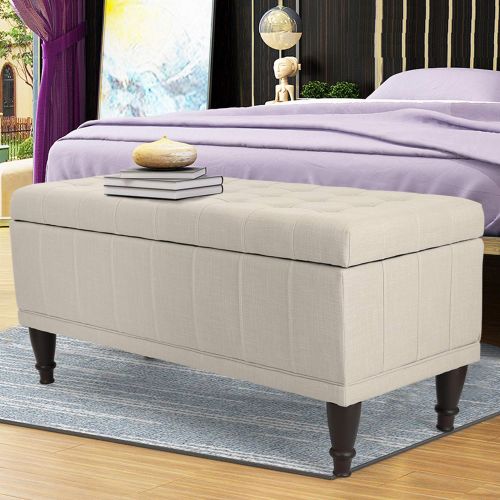  Adeco OF0043 Faux Linen Sturdy Design Rectangular Tufted Lift Top Storage Bench Footstool with Solid Wood Legs Ottomans & Storage Ottomans White