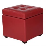 Adeco Bonded Leather Square Tufted Cubic Cube Storage Ottoman Footstool, 16 Inch Height, Red