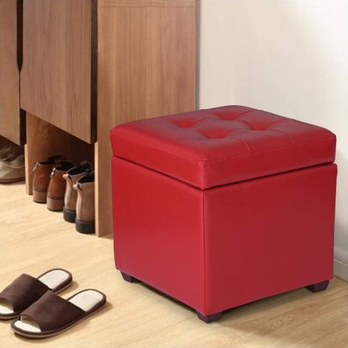  Adeco Bonded Leather Square Tufted Cubic Cube Storage Ottoman Footstool, 16 Inch Height, Red