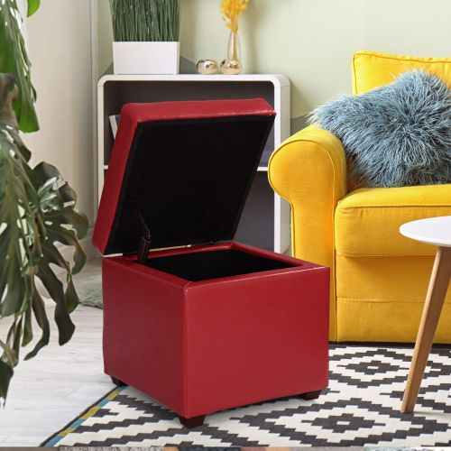  Adeco Bonded Leather Square Tufted Cubic Cube Storage Ottoman Footstool, 16 Inch Height, Red