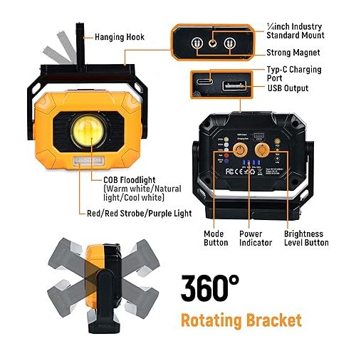  Adelante 2Pack Magnetic Work Light Rechargeable, 1500LM LED Work Light, Flashlight with 360° Rotating Stand 3 Color Temperature 6 Modes Waterproof Bright Flood Light for Mechanic and Working(2pack)