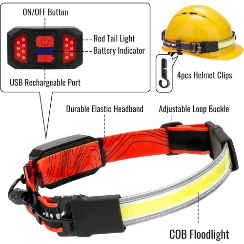  Adelante LED Headlamp Flashlight, 1000LM 230°Wide-Beam USB Rechargeable Head Light with Taillight & 8 Clips Waterproof Lightweight, Headlight Headlamps for Running, Cycling and Camping