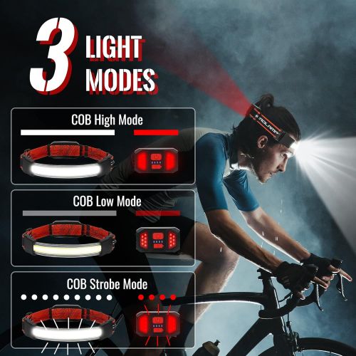  Adelante LED Headlamp Flashlight, 1000LM 230°Wide-Beam USB Rechargeable Head Light with Taillight & 8 Clips Waterproof Lightweight, Headlight Headlamps for Running, Cycling and Camping