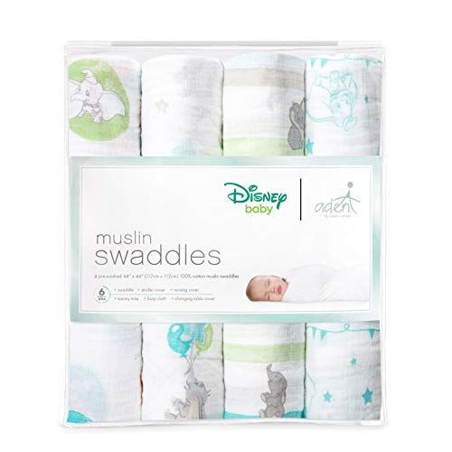  Aden aden by aden + Anais Disney Swaddle Baby Blanket, 100% Cotton Muslin, 4 Pack, 44 X 44 inch, Flying Dumbo