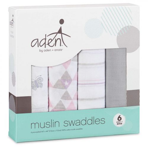  Aden aden by aden + anais Lucky 4-Pack Swaddleplus, 100% Cotton Muslin Swaddles, 44 x 44 in