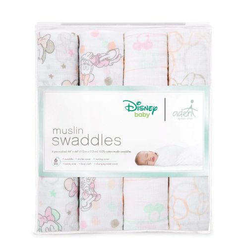 Aden + anais Aden by aden + anais Disney Swaddle Baby Blanket, 100% Cotton Muslin, 4 Pack, 44 X 44 inch, Minnie...