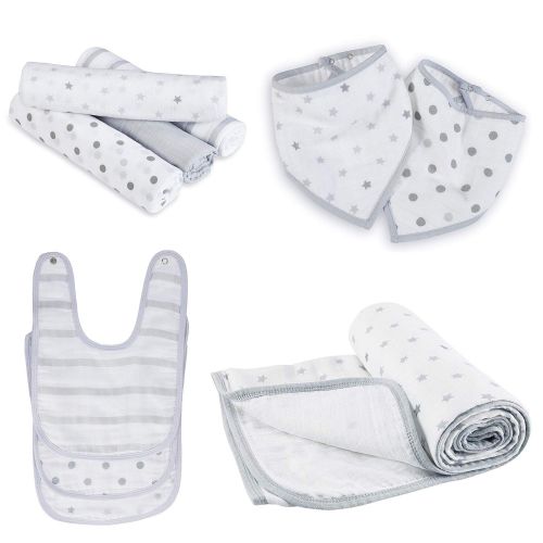  Aden + anais Aden by aden + anais Classic Swaddle Dove Collection, 100% Cotton Muslin, 4 Pack Swaddle, 3 Pack Snap Bib, 2 Pack Bandana Bib, 1 Stroller Blanket