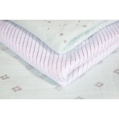  Aden + anais aden + anais Metallic Swaddle Baby Blanket, 100% Cotton Muslin, Large 47 X 47 inch, 3 Pack, Skylight