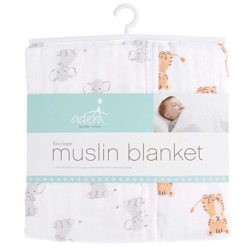  Aden by aden + anais Muslin Blanket; 100% Cotton Muslin; 4 Layer Lightweight and Breathable; Large 44 X 44 inch; Safari Babes - Elephant/Tiger