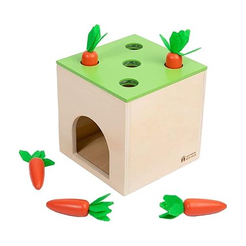  Adena Montessori 6 in 1 Play Kit Toy- 3 Nesting & Stacking Boxes, Object Permanence Drop Game, Coin Box, Carrot Harvest,Tissue Box,Sticks Matching Game for 6-12 Months 1 Year Old Toddlers 2 Year
