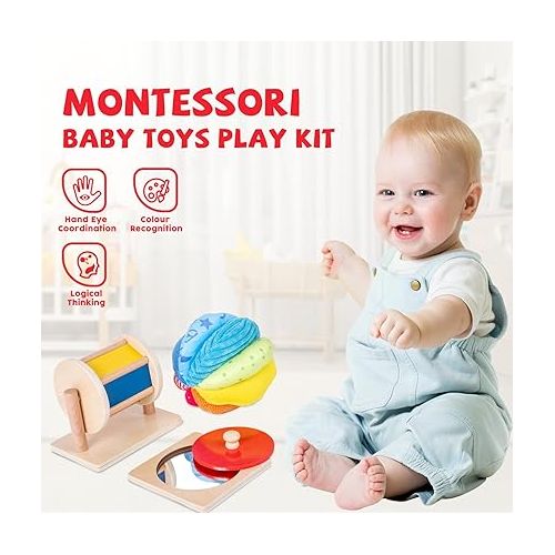 Montessori Baby Toys Play Kit Montessori Mirror Peekaboo Knob Puzzle, Medium Spinning Drum and Rainbow Fabric Ball Kit Toys for 6-12Months Toddlers (Play Kit 1)