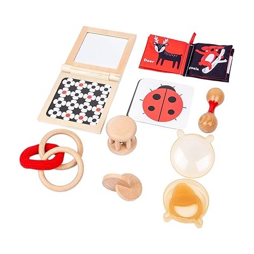  Montessori Play Kit for 0-6 Month Baby Tummy Time Interactive Toys Baby Brain Development Toys Rattle Montessori Toy Interlocking Rings Black, White Card Soft Book and Wooden Book Frame with Mirror