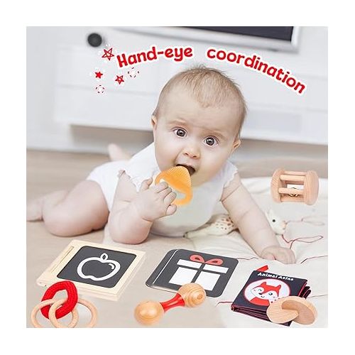  Montessori Play Kit for 0-6 Month Baby Tummy Time Interactive Toys Baby Brain Development Toys Rattle Montessori Toy Interlocking Rings Black, White Card Soft Book and Wooden Book Frame with Mirror