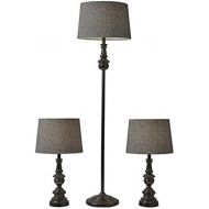 Adesso 1591-01 Classic Set Containing Matching Floor Two Table Lamps, Herringbone Shades