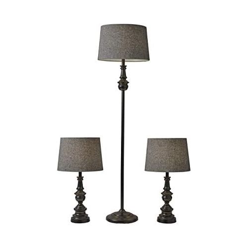  Adesso 1591-01 Classic Set Containing Matching Floor Two Table Lamps, Herringbone Shades