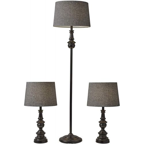  Adesso 1591-01 Classic Set Containing Matching Floor Two Table Lamps, Herringbone Shades
