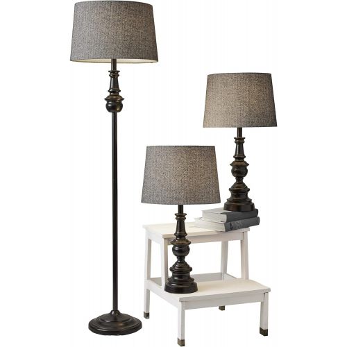  Adesso 1591-01 Classic Set Containing Matching Floor Two Table Lamps, Herringbone Shades