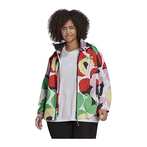 아디다스 adidas Women's Marimekko Traveer Rain.Rdy Jacket (Plus Size), White/Blaze Orange