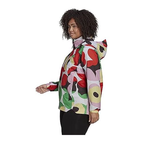 아디다스 adidas Women's Marimekko Traveer Rain.Rdy Jacket (Plus Size), White/Blaze Orange