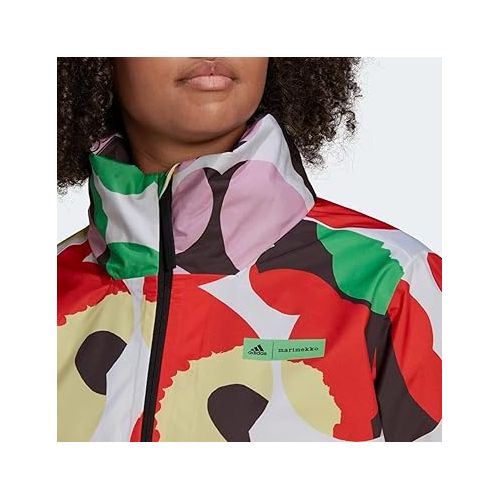 아디다스 adidas Women's Marimekko Traveer Rain.Rdy Jacket (Plus Size), White/Blaze Orange