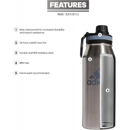 아디다스 adidas 1 Liter (32 oz) Metal Water Bottle, Hot/Cold Double-Walled Insulated 18/8 Stainless Steel