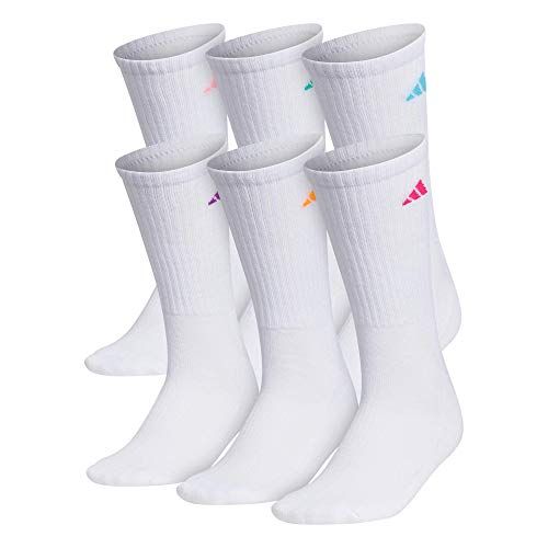 아디다스 adidas womens Athletic Cushioned Crew Socks With Arch Compression (6-Pair), White/Shock Pink/Bright Cyan, Medium