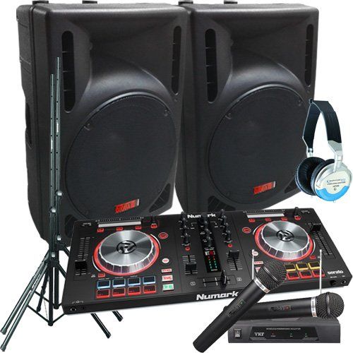  Adkins Professional lighting Serato Software DJ System - Numark MixTrack Pro III - 2400 Watts of Powered DJ Speakers wStands, 2 Wireless Microphones & Headphones
