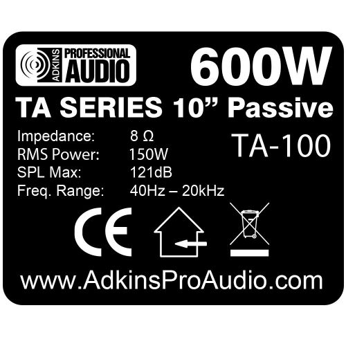  Adkins Professional lighting TA-100 - 10 Speaker 600 Watts 3-way - Adkins Pro Audio - DJ Speaker - Great for parties and Weddings