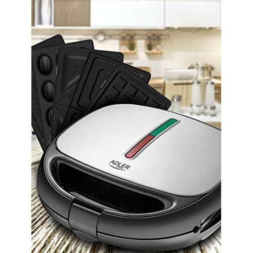  Adler 5 in 1 Sandwich Maker | 1200 Watt | 5 auswechselbare Platten | Kontaktgrill | Waffeleisen | Sandwichmaker | Multigrill | Grill | Thermostat | Edelstahlgehause | Antihaftbeschichtet