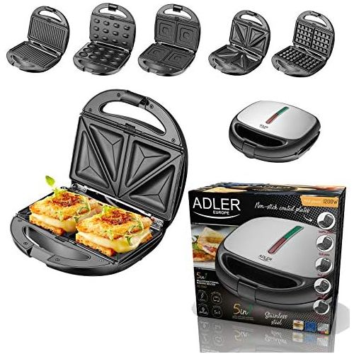  Adler 5 in 1 Sandwich Maker | 1200 Watt | 5 auswechselbare Platten | Kontaktgrill | Waffeleisen | Sandwichmaker | Multigrill | Grill | Thermostat | Edelstahlgehause | Antihaftbeschichtet