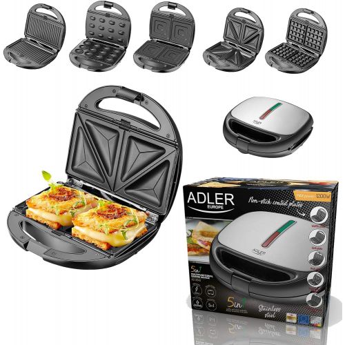  Adler 5 in 1 Sandwich Maker | 1200 Watt | 5 auswechselbare Platten | Kontaktgrill | Waffeleisen | Sandwichmaker | Multigrill | Grill | Thermostat | Edelstahlgehause | Antihaftbeschichtet