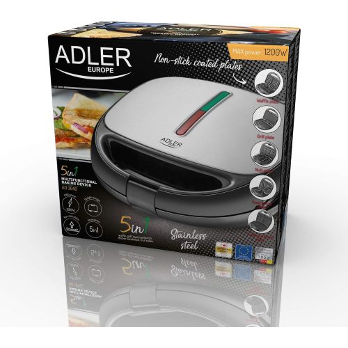  Adler 5 in 1 Sandwich Maker | 1200 Watt | 5 auswechselbare Platten | Kontaktgrill | Waffeleisen | Sandwichmaker | Multigrill | Grill | Thermostat | Edelstahlgehause | Antihaftbeschichtet
