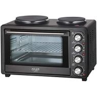 ADLER AD 6020 Minibackofen, 36 Liter, 2500 W, Backofen mit Kochplatten, Beleuchtung, Umluft, Backblech, Drehspiess, Timer, Kruemelblech, Grill, Pizzaofen, 90-230°C, schwarz