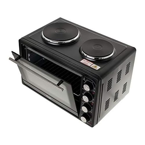  ADLER AD 6020 Minibackofen, 36 Liter, 2500 W, Backofen mit Kochplatten, Beleuchtung, Umluft, Backblech, Drehspiess, Timer, Kruemelblech, Grill, Pizzaofen, 90-230°C, schwarz