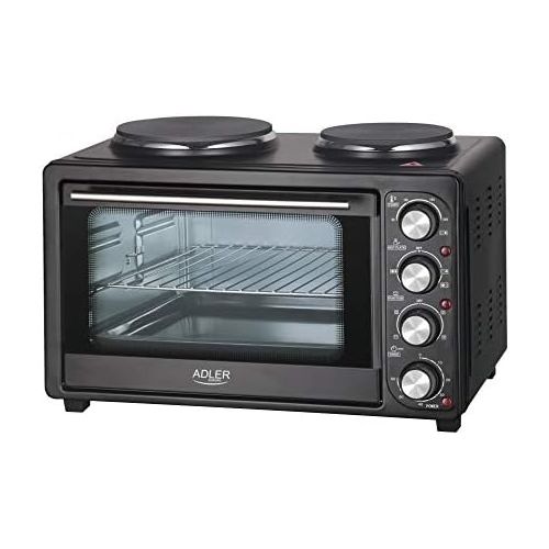  ADLER AD 6020 Minibackofen, 36 Liter, 2500 W, Backofen mit Kochplatten, Beleuchtung, Umluft, Backblech, Drehspiess, Timer, Kruemelblech, Grill, Pizzaofen, 90-230°C, schwarz