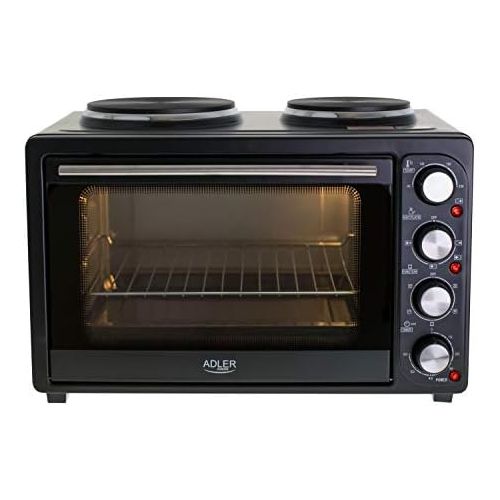  ADLER AD 6020 Minibackofen, 36 Liter, 2500 W, Backofen mit Kochplatten, Beleuchtung, Umluft, Backblech, Drehspiess, Timer, Kruemelblech, Grill, Pizzaofen, 90-230°C, schwarz