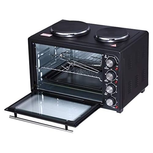  ADLER AD 6020 Minibackofen, 36 Liter, 2500 W, Backofen mit Kochplatten, Beleuchtung, Umluft, Backblech, Drehspiess, Timer, Kruemelblech, Grill, Pizzaofen, 90-230°C, schwarz