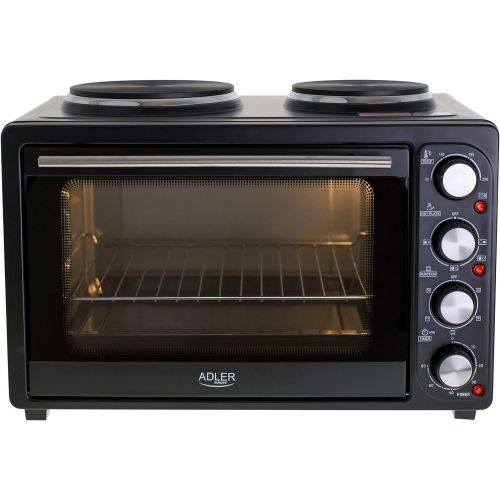  ADLER AD 6020 Minibackofen, 36 Liter, 2500 W, Backofen mit Kochplatten, Beleuchtung, Umluft, Backblech, Drehspiess, Timer, Kruemelblech, Grill, Pizzaofen, 90-230°C, schwarz