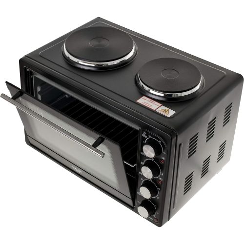  ADLER AD 6020 Minibackofen, 36 Liter, 2500 W, Backofen mit Kochplatten, Beleuchtung, Umluft, Backblech, Drehspiess, Timer, Kruemelblech, Grill, Pizzaofen, 90-230°C, schwarz