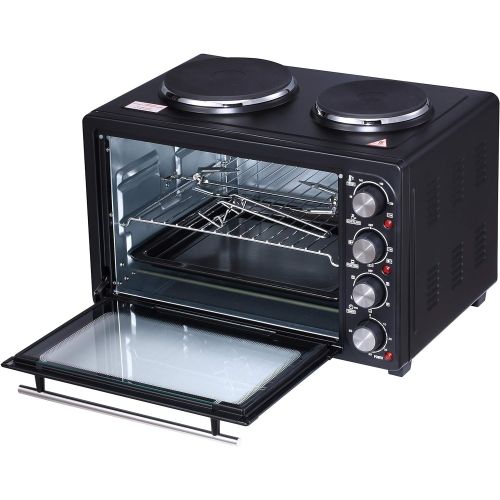  ADLER AD 6020 Minibackofen, 36 Liter, 2500 W, Backofen mit Kochplatten, Beleuchtung, Umluft, Backblech, Drehspiess, Timer, Kruemelblech, Grill, Pizzaofen, 90-230°C, schwarz