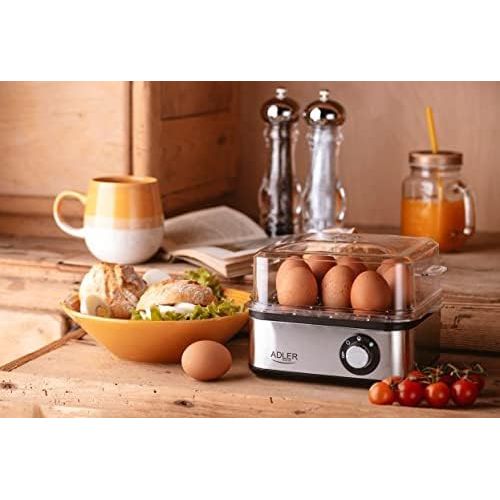  [아마존베스트]ADLER AD 4486 8 Egg Boiler with Measuring Spoon, 800 W, Cooking Accessories for Soft Hard Boiled Eggs, Indicator Light, Automatic Shut-Off, Silver/Black