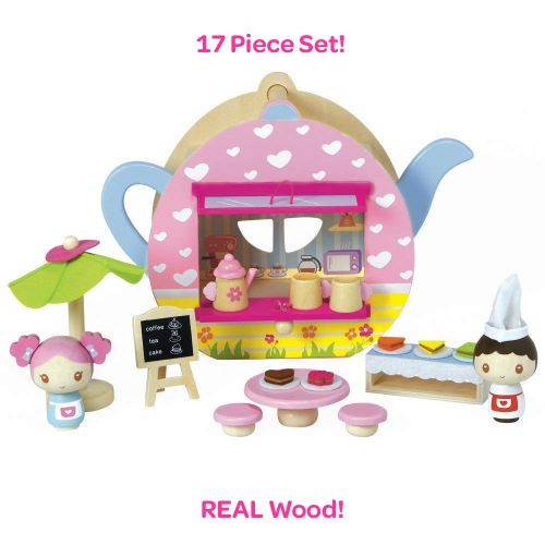 아도라 베이비 Adora Classic Wooden Toy Teapot Cafe 17 Pieces Educational Toys Playset with Tea Time Cups for Toddlers 3+