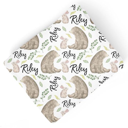  Adorabo Personalized Baby Name Soft Fleece Blanket (Large 30x40 Inch), Brown Bear and Rabbit Woodland Baby Name Swaddle For Crib, Stroller, Nursery | Custom Newborn Shower Gift