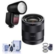 Adorama Sony Sonnar T* E 24mm F/1.8 E-Mount Lens With FP Zoom Li-on X R2 TTL Round Flash SEL24F18Z FL