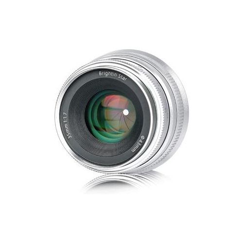  Adorama Brightin Star 35mm F1.7 APS-C Aperture Focus Lens for Sony E Cameras, Silver BS3517ESR