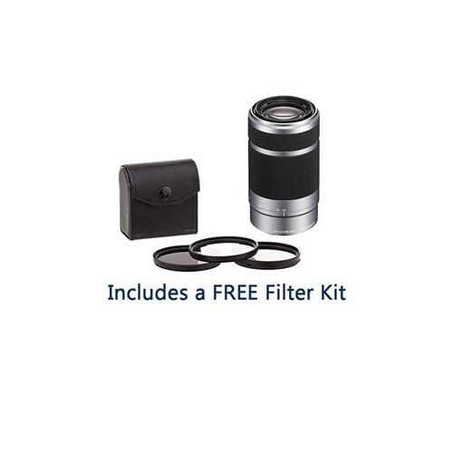  Adorama Sony 55-210mm f/4.5-6.3 OSS E-Mount Camera Lens, Silver/Black w/49mm Filter Kit SEL55210 F