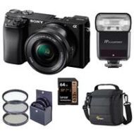 Adorama Sony Alpha a6100 Mirrorless Camera with 16-50mm Lens W/FP TTL R2 Flash Bundle ILCE6100L/B FL