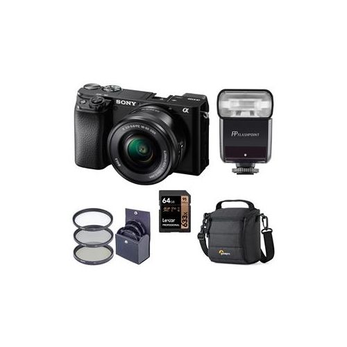  Adorama Sony Alpha a6100 Mirrorless Camera with 16-50mm Lens W/FP TTL R2 Flash Bundle ILCE6100L/B FL