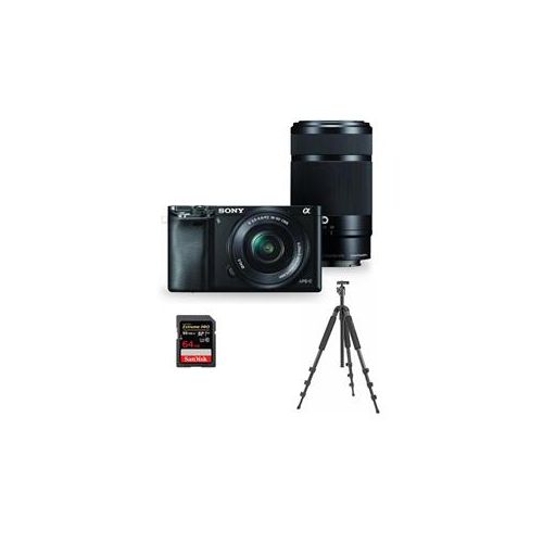  Adorama Sony Alpha A6000 Mirrorless with 16-50mm & 55-210mm OSS Lenses, Black Tripod Kit ILCE6000Y/B BG